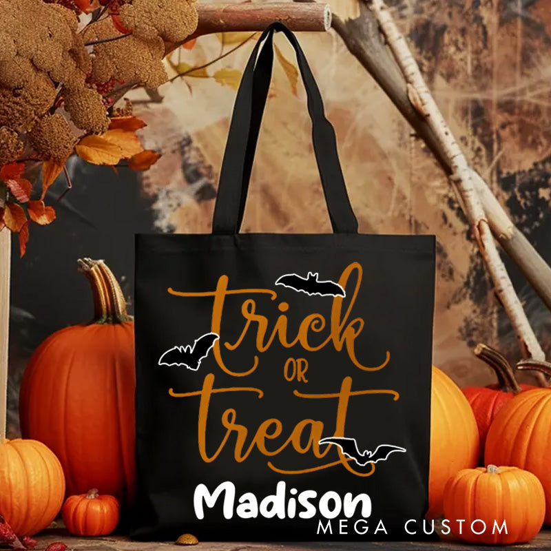 Personalized Trick or Treat Featuring Elegant Typography and Name for a Stylish Halloween Tote Bag
