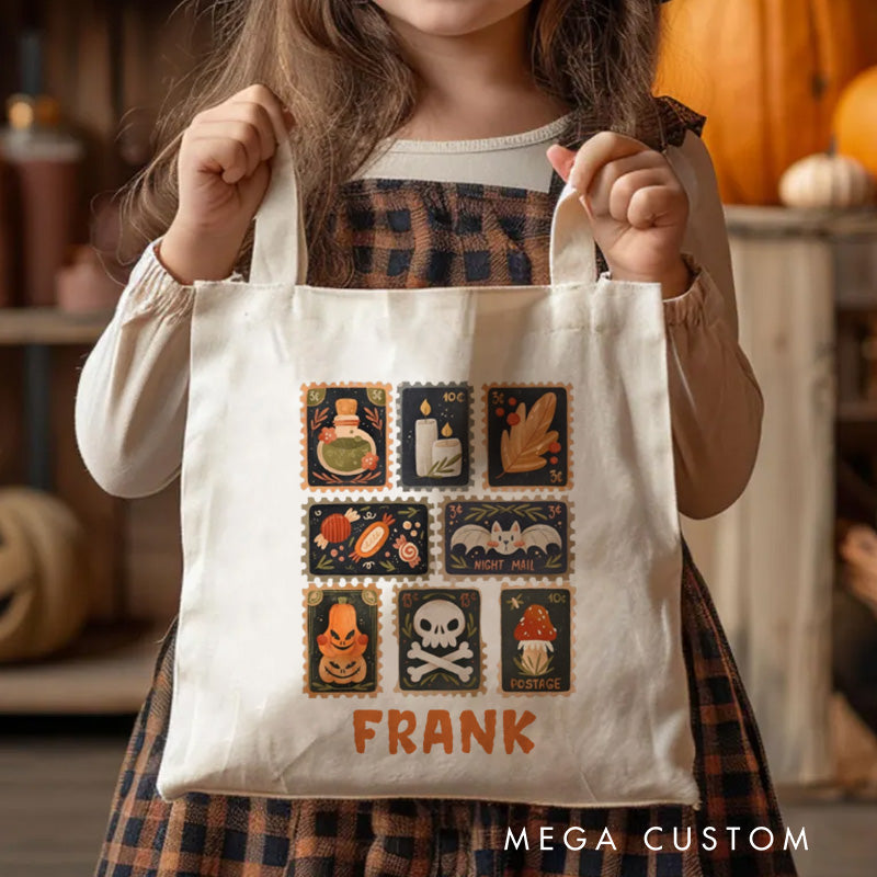 Personalized Autumn Stamps Canvas Tote Bag with Name Halloween Stamps Tote Trick or Treat Bag Ghouls Gift