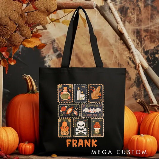 Personalized Autumn Stamps Canvas Tote Bag with Name Halloween Stamps Tote Trick or Treat Bag Ghouls Gift