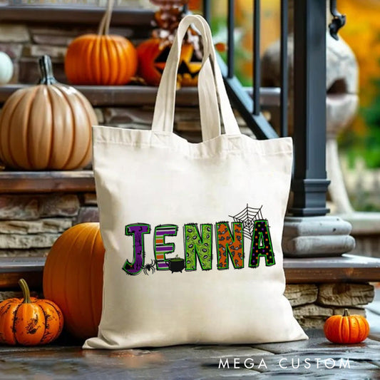 Personalized Halloween Canvas Tote Bag Kids Trick or Treat Bag School Halloween Kids Gift Toddler Goodie Food Bag