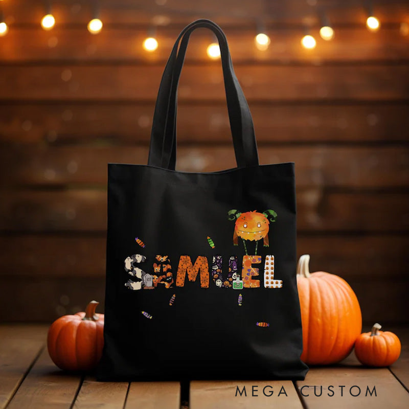 Personalized Kids Halloween Tote with Name Girl Boy Goodie Trick or Treat Tote Bag for Kids Gift for Halloween